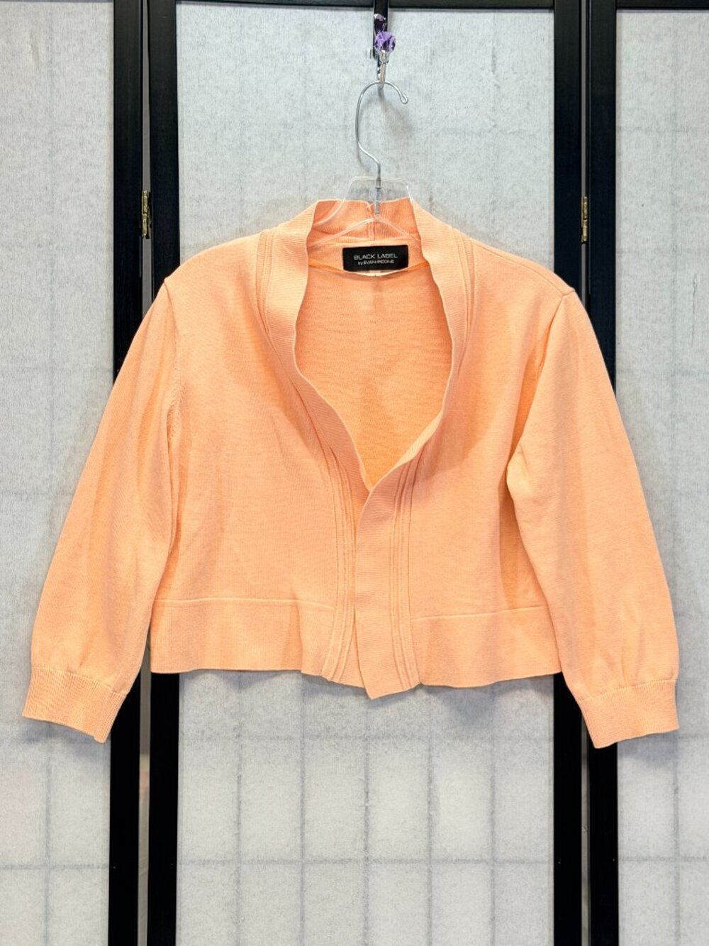 Evan Picone Black Label Apricot Open Front Crop Cardigan Sweater L Long Sleeve